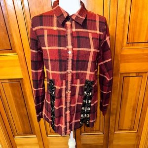 gilded intent plaid button top with lace up detail on back